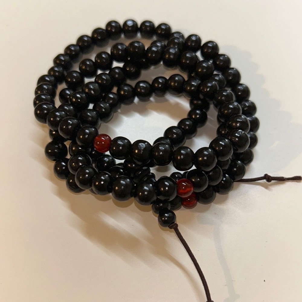 Black Beaded Bracelet with Red Accents